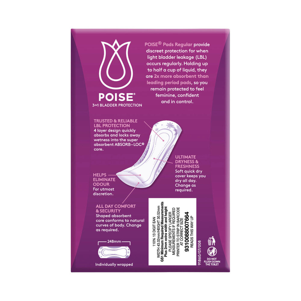 Poise | Pads Regular Female, 248mm, 240mL, White 91860