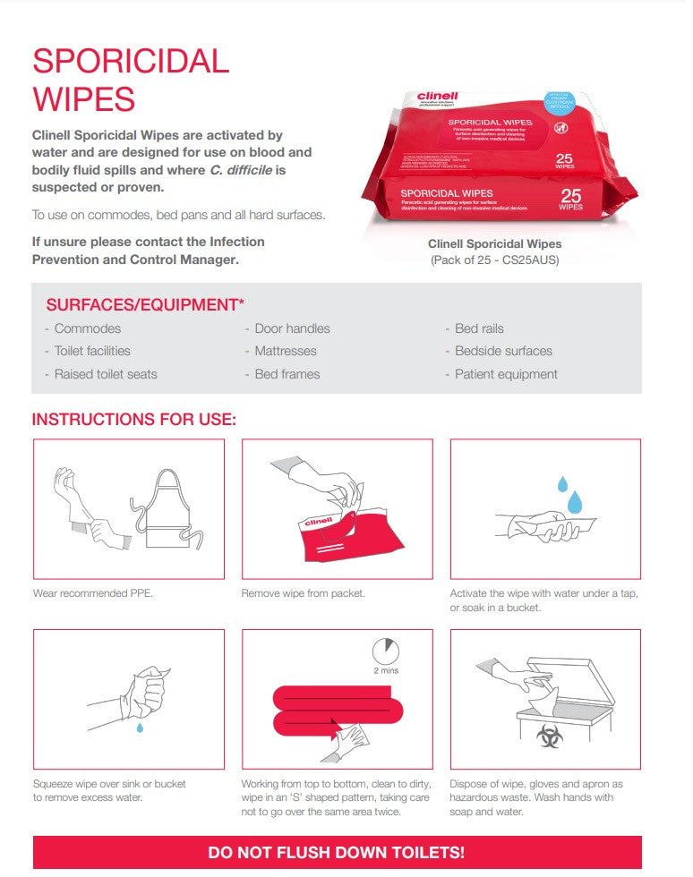 Clinell Sporicidal Wipes (CS25) 25 wipes/pkt - Each