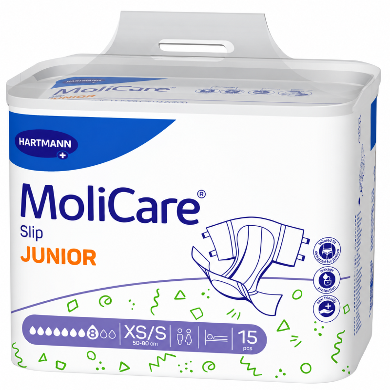 A package of Hartmann MoliCare Slip Junior diapers, containing 15 pieces. The packaging is white with blue and orange text, and a blue brand logo on the top left.