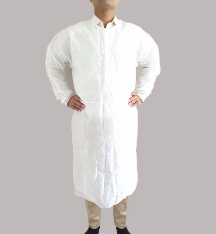 White Isolation Gown with Tie,  Full Back, Long Sleeve, AAMI Level 1, 40gsm, Nonwoven PP/PE, White, Individually Packed, Pkt of 100 pcs