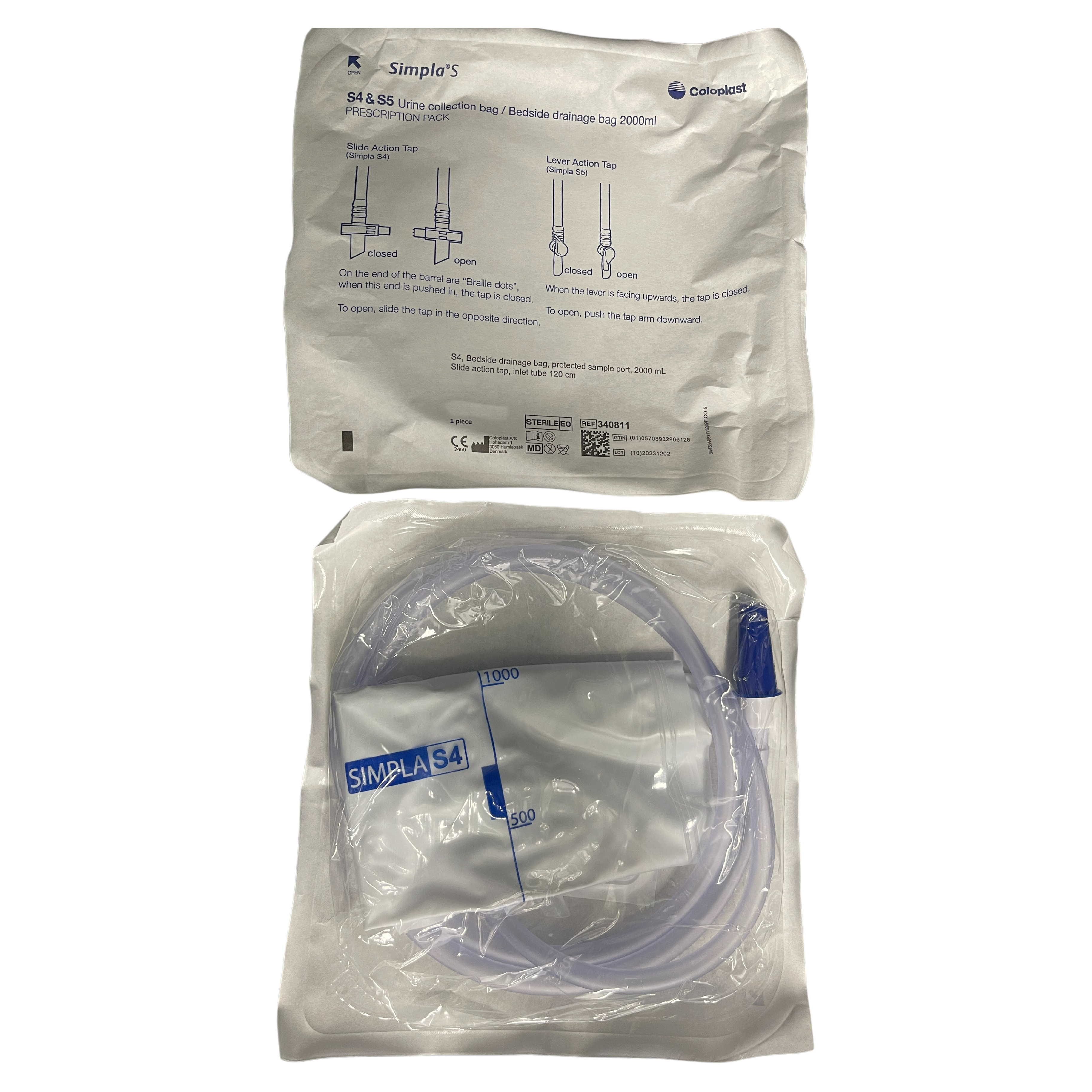 Coloplast Simpla S4 Drain Bag S-4 2000mL Sterile Tube T Tap - 100cm (340802) 120cm (340811)