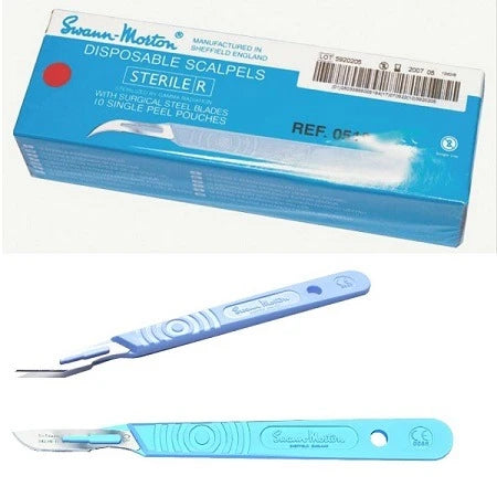Swann-Morton Disposable Scalpel Stainless Steel Blade Attached to Handle Sterile, Box of 10 - All Sizes