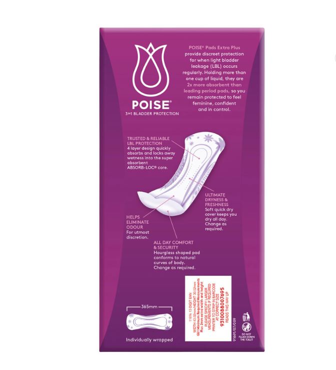 Poise | Pads Extra Plus 365 x 130mm Female, 365mm, White, 700mL 91691