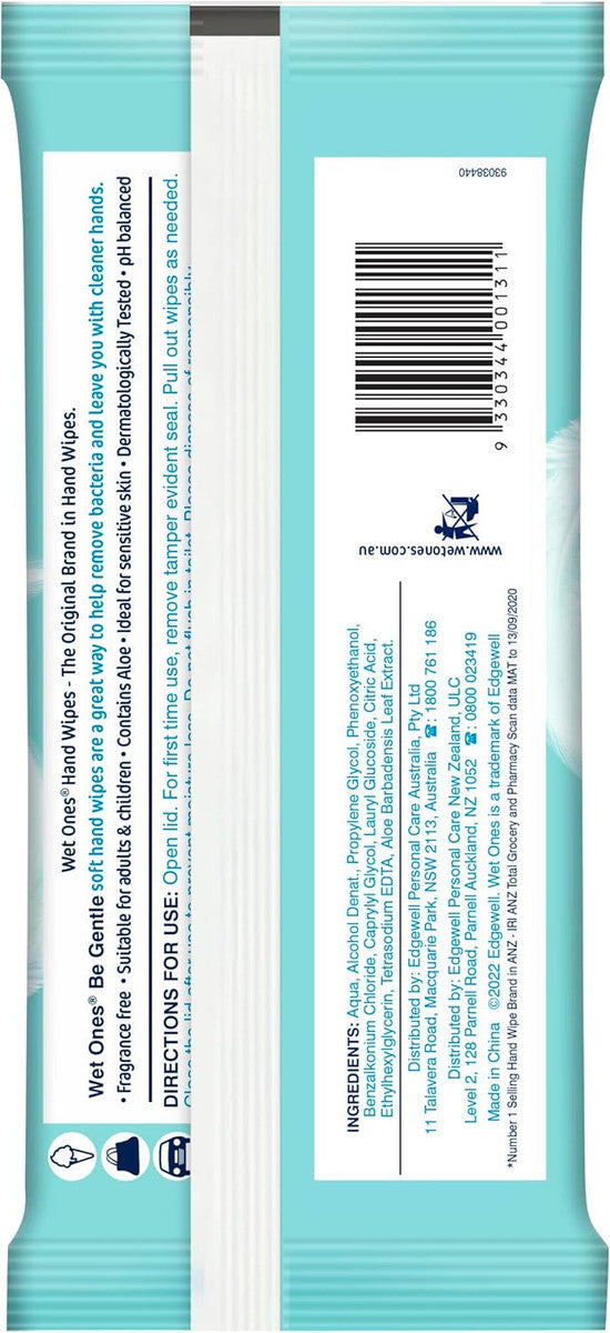 Wet Ones Be Gentle Sensitive Antibacterial Hand & Body wipes, 40 Wipes, Fragrance and paraben free, Contains Aloe, Mild & gentle formula
