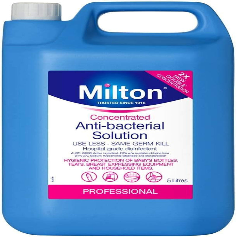 Blue container of Milton concentrated anti-bacterial solution with white label