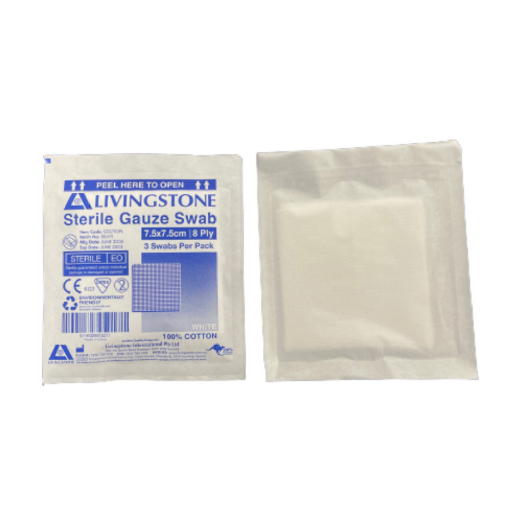 Sterile Gauze Swabs, 7.5 x 7.5 cm x 8 ply, White, 100 Percent Cotton, 3 per Pack, 100 Packs per Dispenser Box