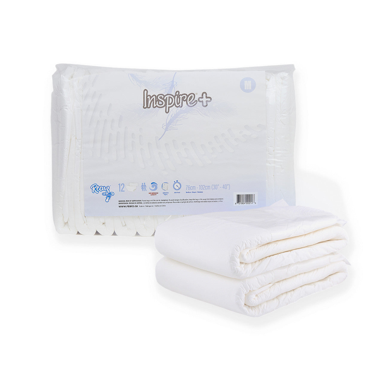 Packaged diaper with 'Inspire+' branding on a white background
