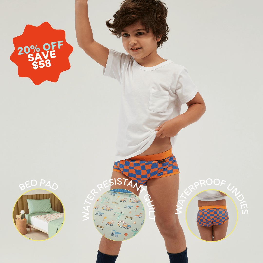 A child wearing waterproof underwear with a bright blue and orange checkerboard design. The image promotes a 20% off bundle deal including a waterproof bed pad, a water-resistant quilt cover.