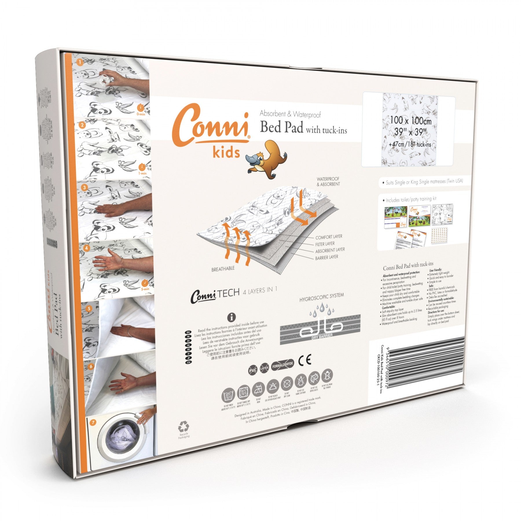 Conni Kids Reusable Bed Pad with Tuck-ins 100x100cm, Each (Aussie Animals / Unicorn & Dinosaur)