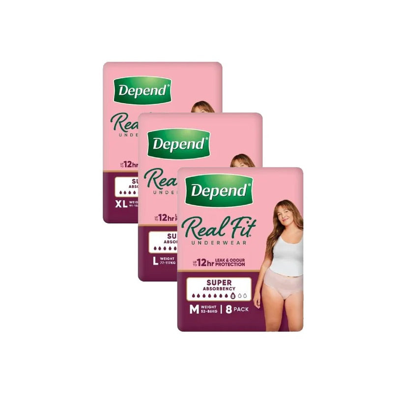 Three packages of Depend Real Fit Underwear on a white background