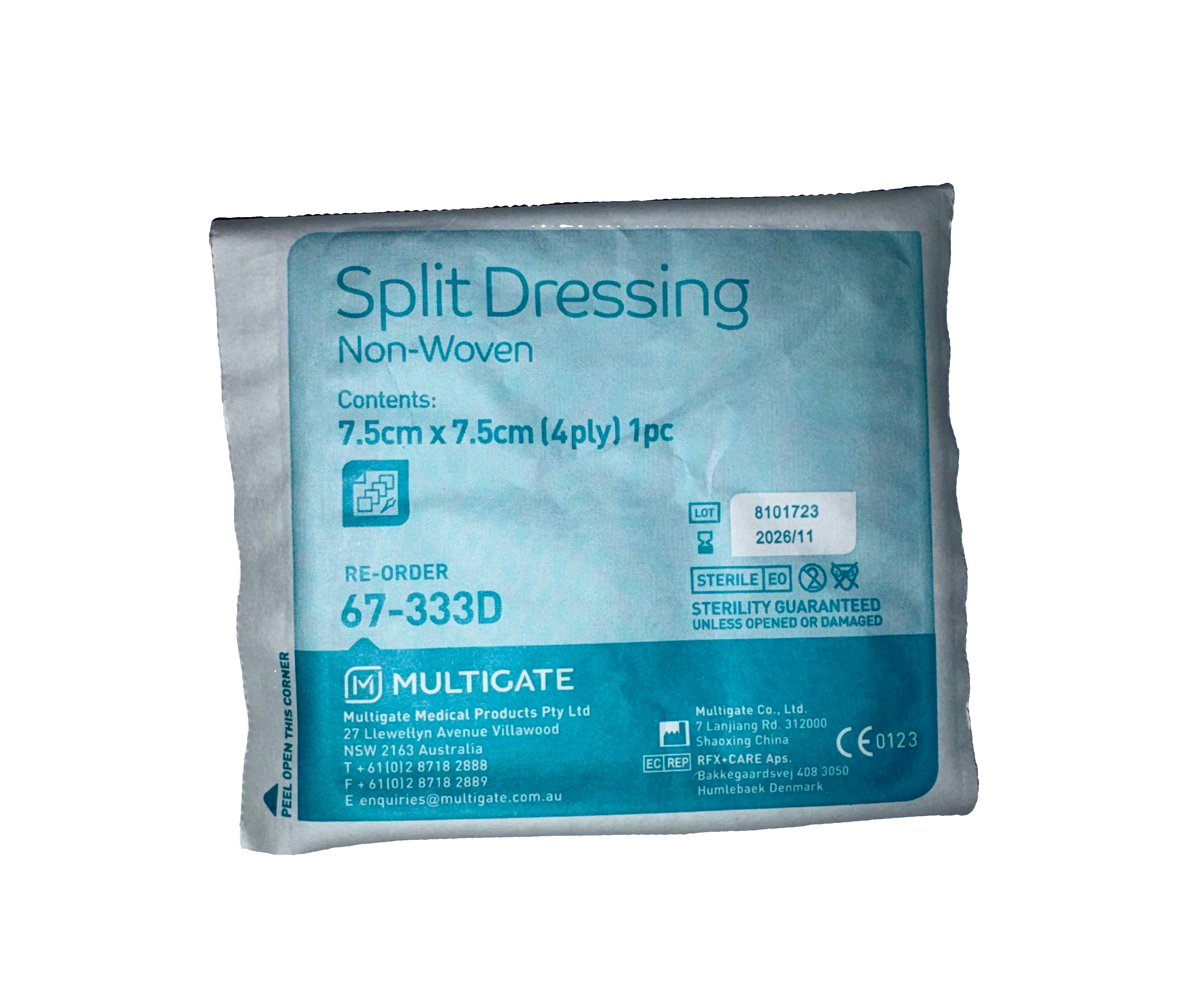 Split dressing non-woven package with Multigate branding on a white background