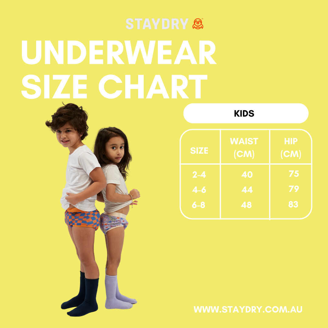 Staydry Kids' Underwear Size Chart featuring two children standing back-to-back, both wearing waterproof underwear