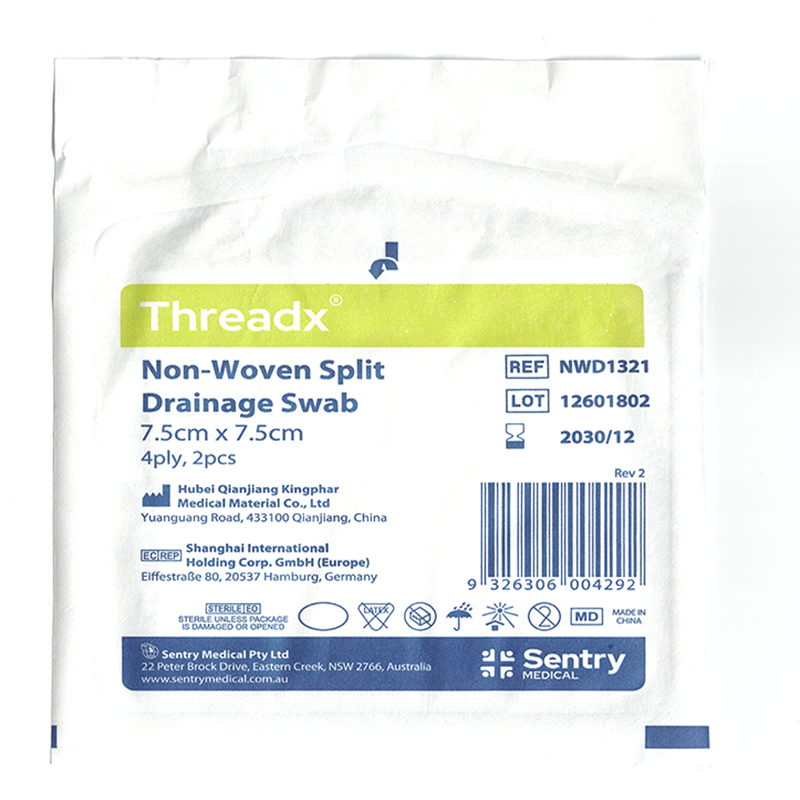 Package of Threadx non-woven split drainage swab on a white background