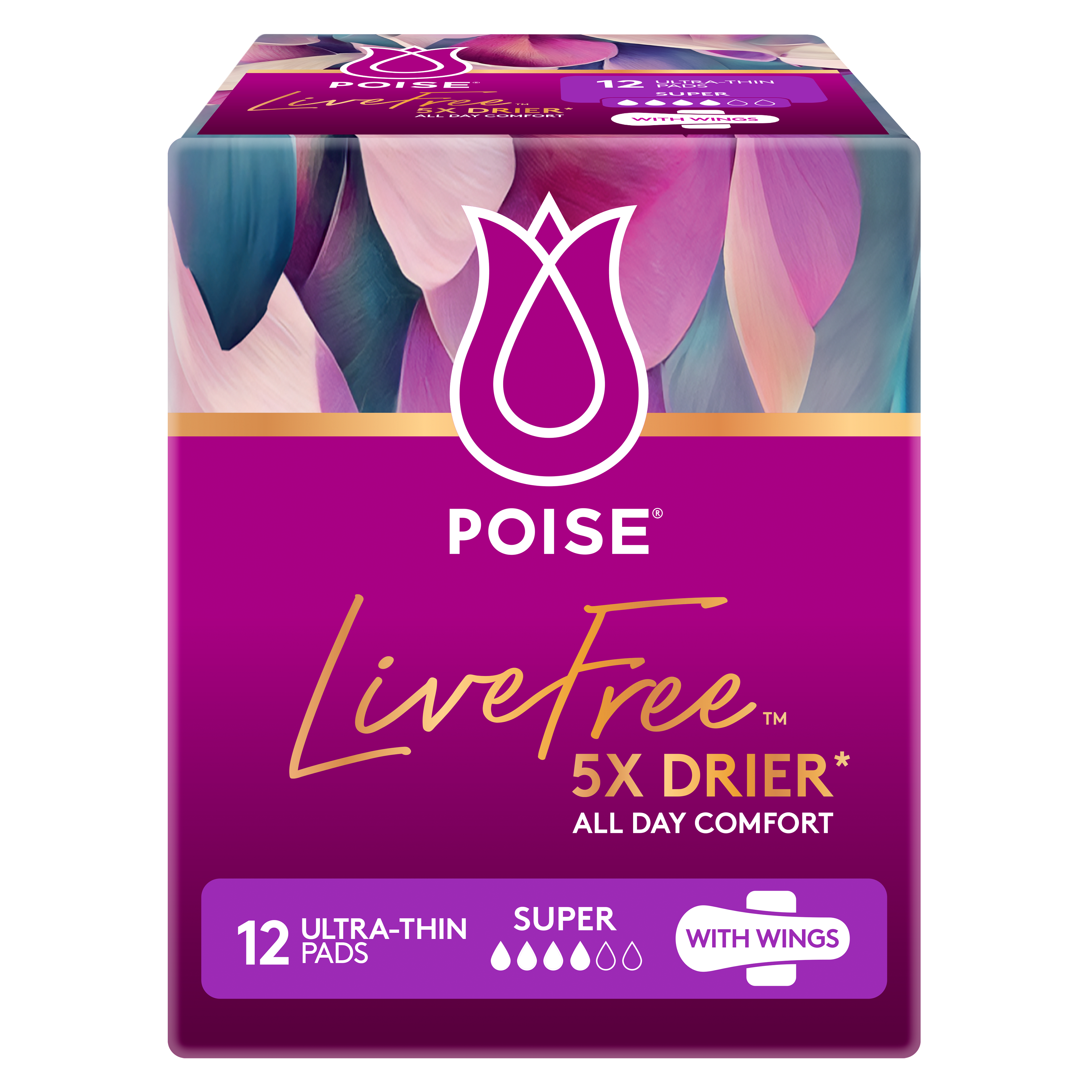 Poise | Live Free Pad Super, Female, 150mL No Wings / With Wings