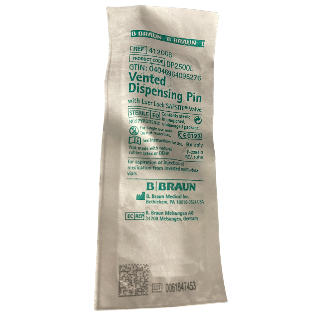 B. Braun Vented Dispensing Pin with Luer Lock Safsite Valve Standard Spike (412006) (DP2500L)