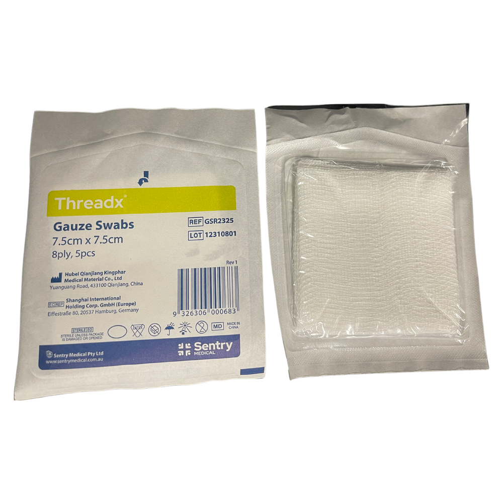 Threadx Gauze Swabs 7.5cm x 7.5cm Sterile 8Pl (5pcs/ Pack), Box of 50 (GSR2325)