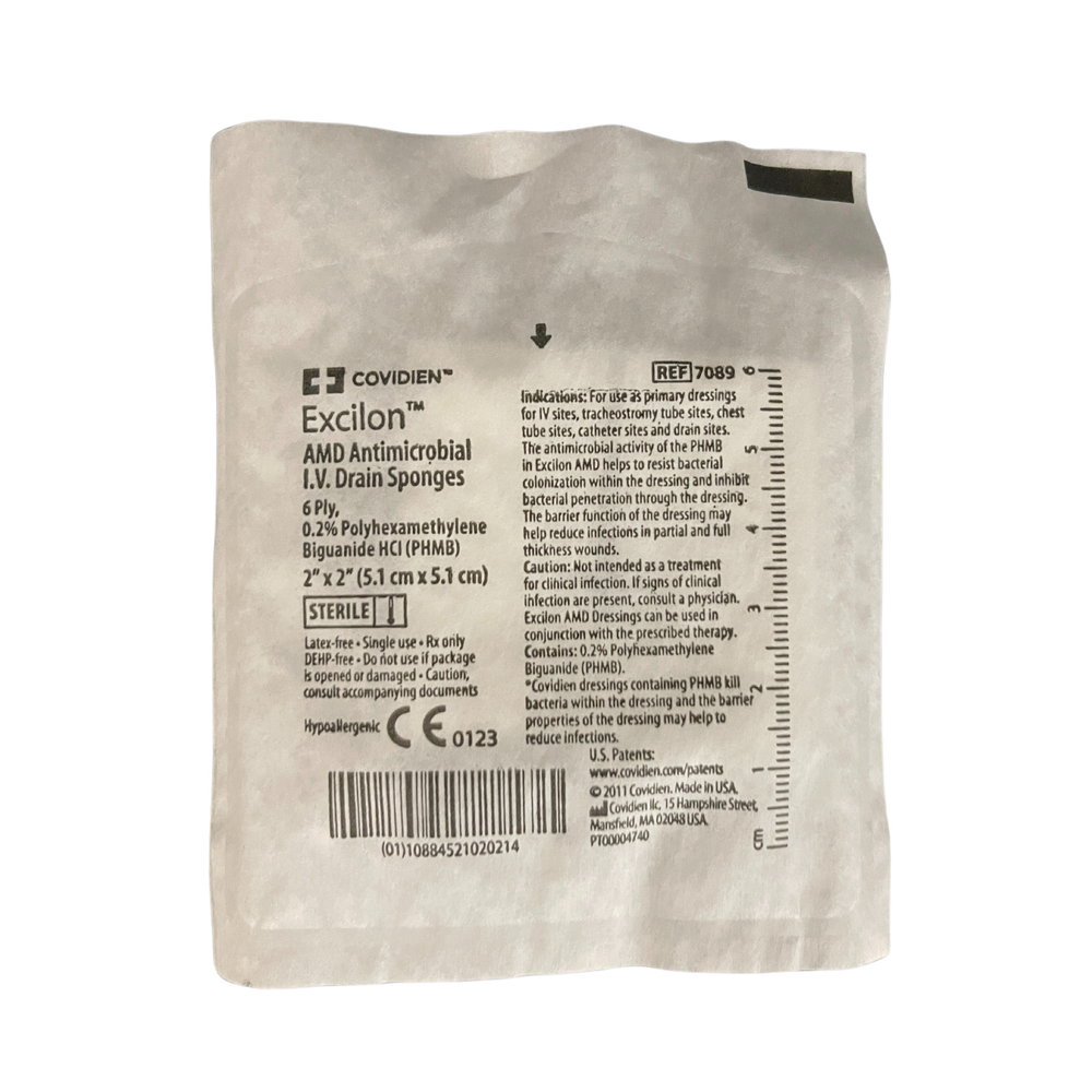 Covidien | Excilon AMD Antimicrobial Non-Woven IV Drain Sponge 2x2 6 Ply, (Pktx2) - 7089