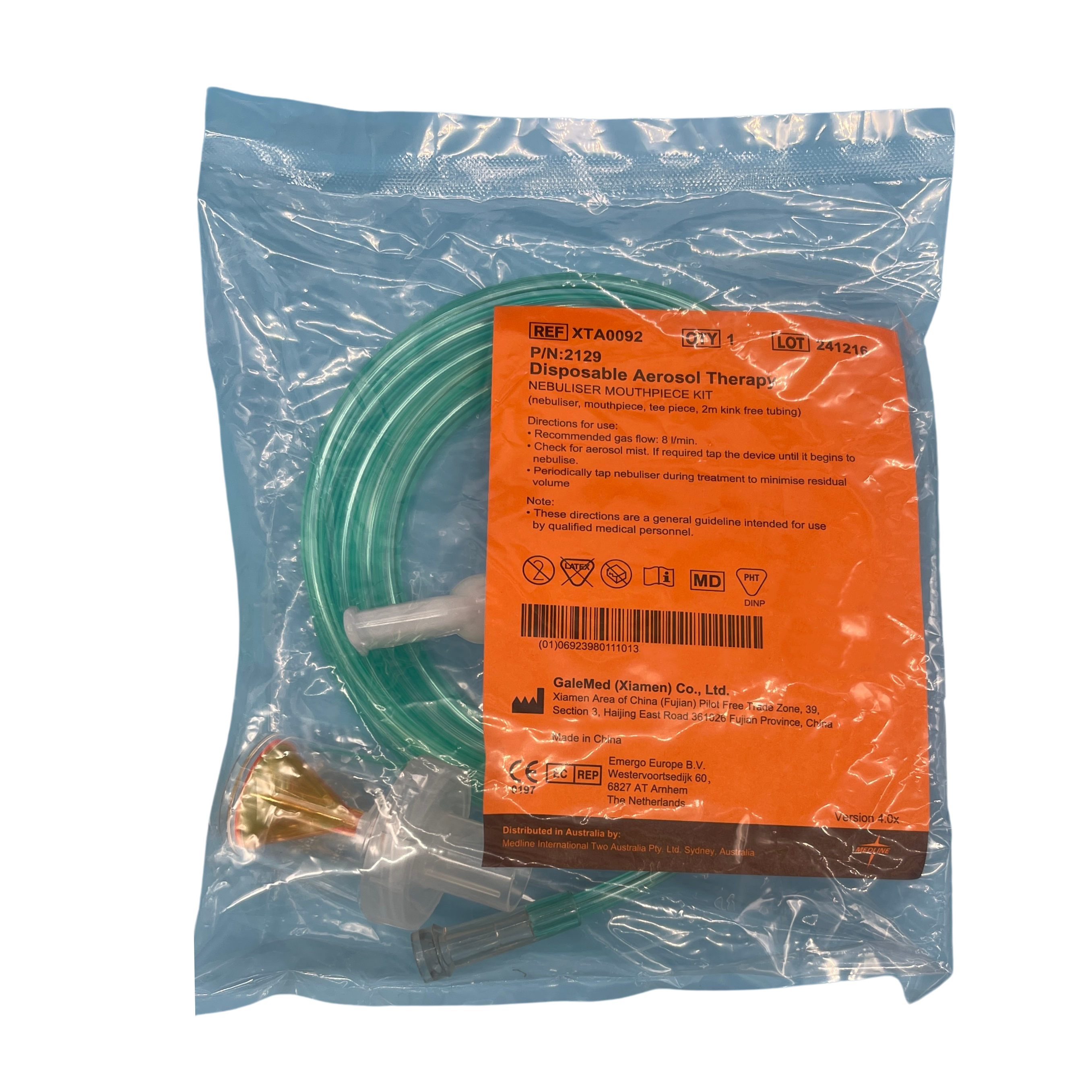 Galemed Nebuliser Kit, Nebulizer Bowl, Tee, Mouthpiece and 2.1m kink Resistant Tubing Green (2129)