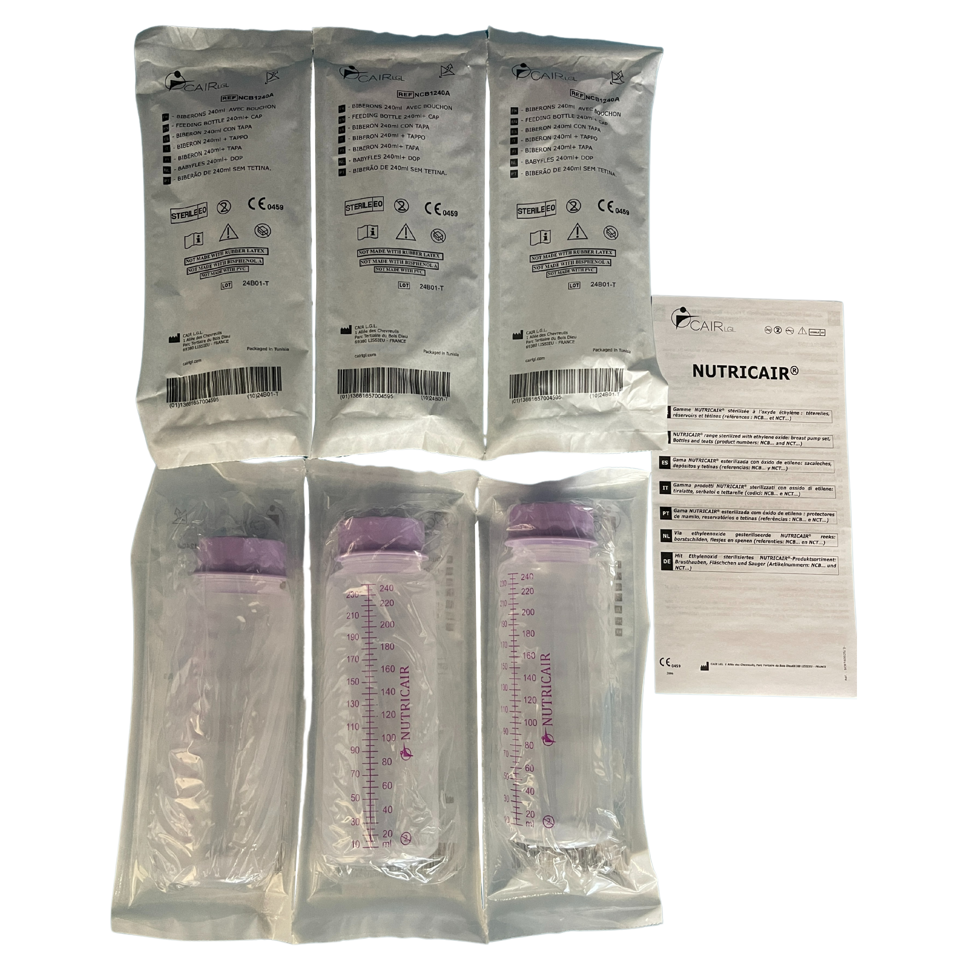 Nutricair Baby Feeding Disposable Bottle With Cap Sterile 240mL, 84pcs/ Box (CA.NCB1240A)