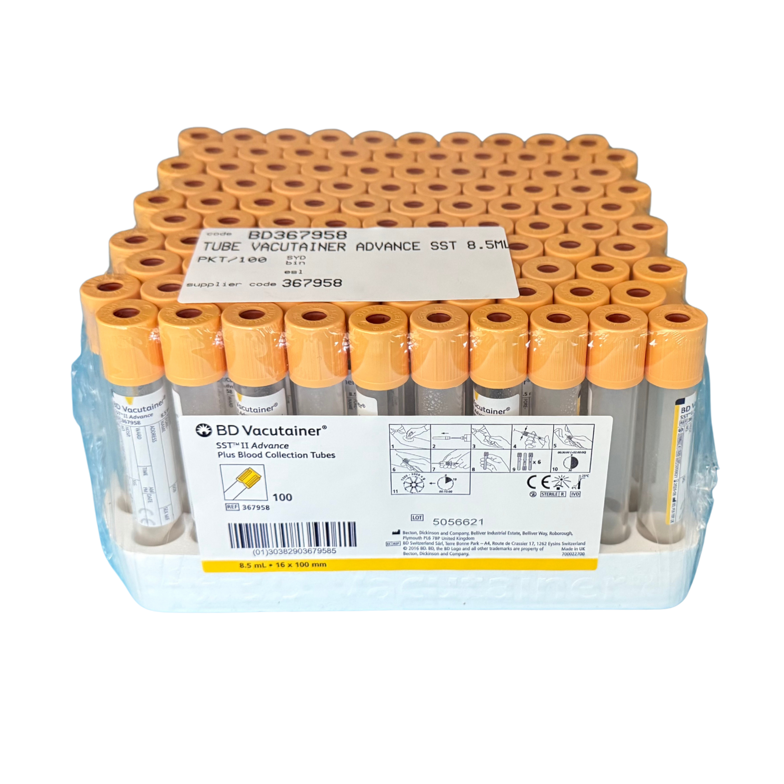 BD Vacutainer Advanced SST Blood Collection Tube 8.5mL, 6 x 100mm, GOLD Hemogard Closure, Box of 100 (367958)