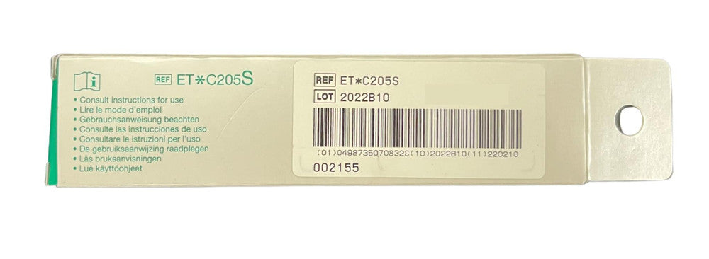 Medical device packaging with label and barcode on a white background