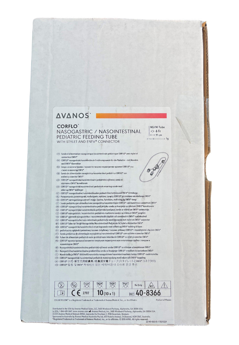 Avanos Corflo 6Fr Nasogastric Feeding Tube ENFit Anti-Clog Smooth Shape Bolus Non-Sterile - All Sizes