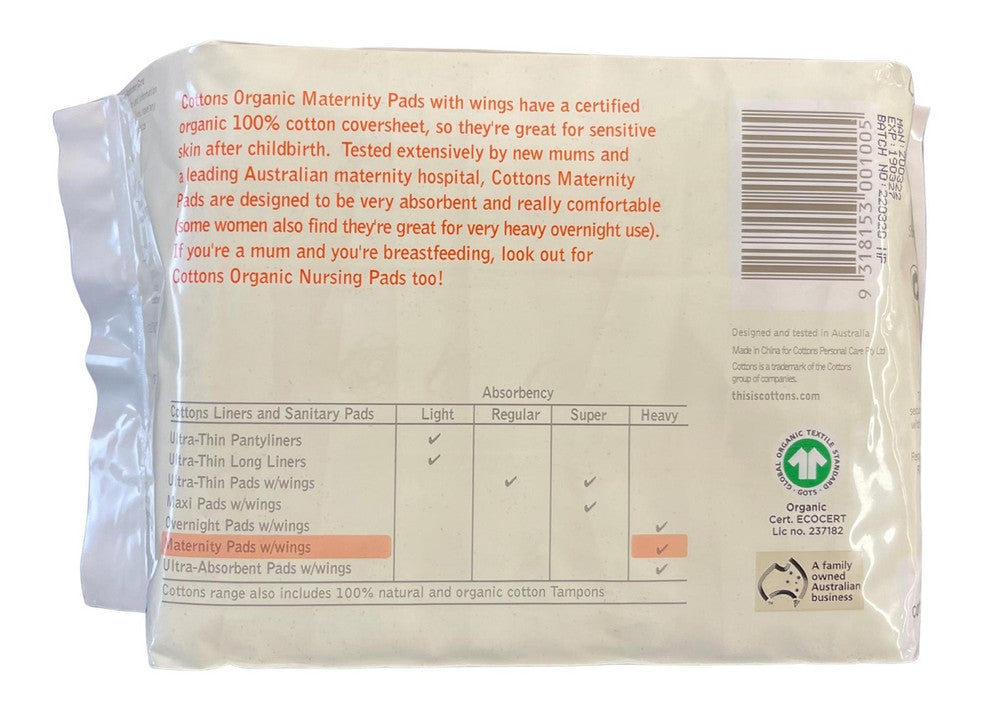 Cottons Maternity Pads 320X80mm 255ml With Wings - Pack of 10