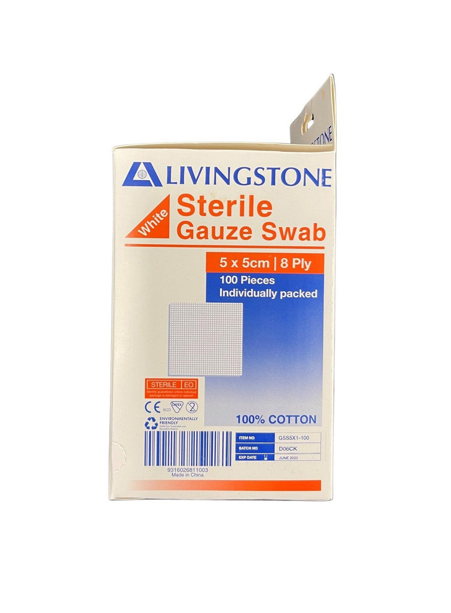 Sterile Gauze Swabs, 5 x 5 cm x 8 ply, White, 100 Percent Cotton, 1 per Pack, 100 Packs per Dispenser Box