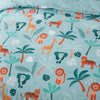 Close-up of a kids' waterproof quilt cover featuring a vibrant jungle explorer theme with smiling lions, tigers, giraffes, elephants, and tropical palm trees on a soft blue background. Crafted from moisture-resistant, breathable fabric, this durable and machine-washable bedding provides incontinence protection while adding a fun, adventurous touch to children's bedrooms. Perfect for easy-care and mess-free sleeping.