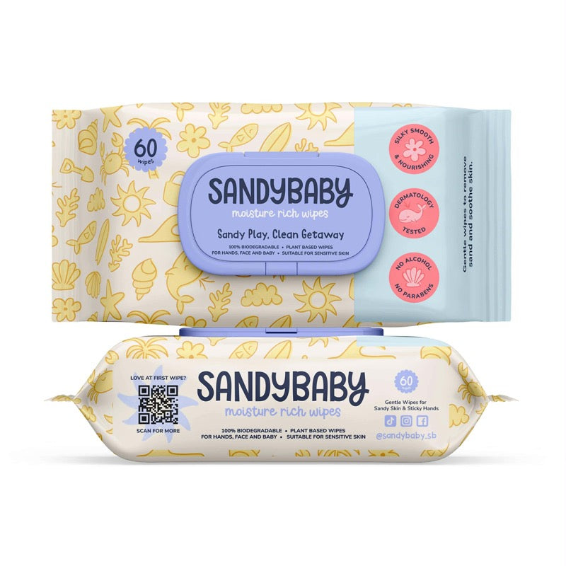 Two packages of Sandy Baby moisture rich wipes on a white background