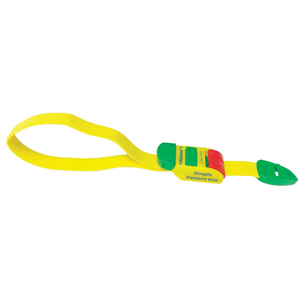 Single Patient Use Tourniquet - Peadiatric with green, yellow & red plastic clip for adj, 35cm x 1.5cm Yelllow, Box of 100 (SPUTPAED-100)