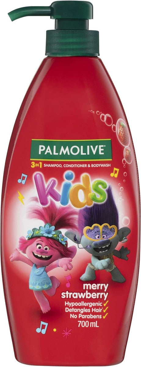 Palmolive Kids 3 in 1 Hair Shampoo, Conditioner and Body Wash 700mL, Trolls Merry Strawberry, Hypoallergenic, Detangles Hair, No Parabens