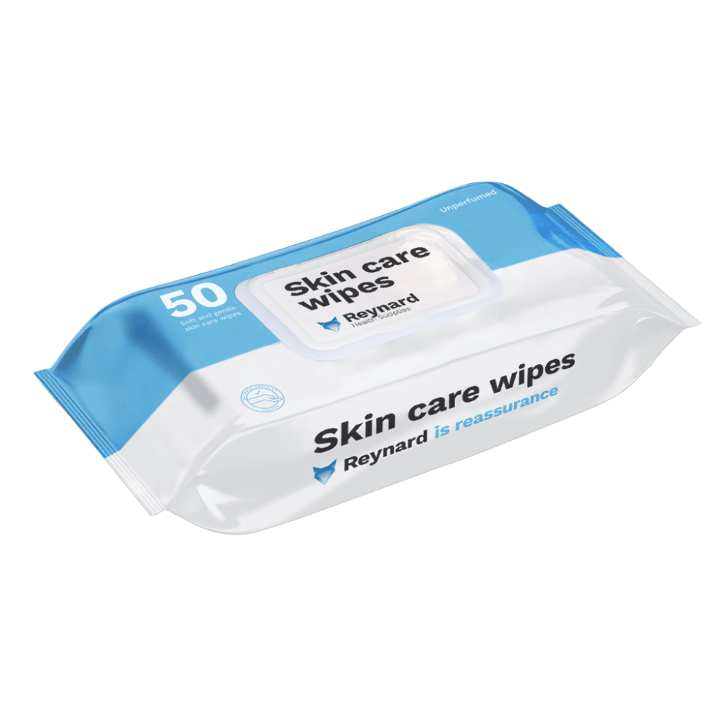 Pack of skin care wipes with blue and white design on a gray background